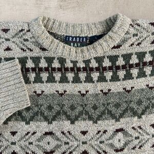 Vtg Trader Bay Fair Isle Sweater Men’s Large Geometric AOP Grandpa Knit 90s USA